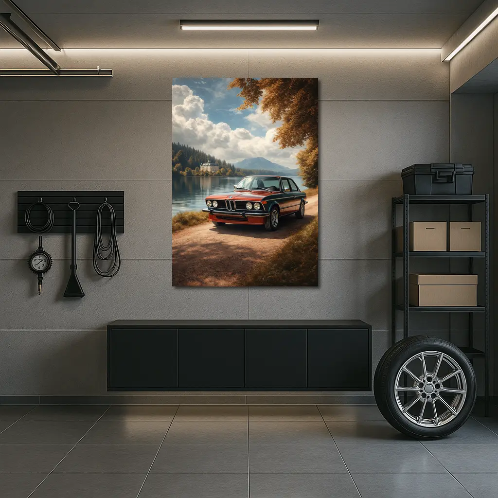BMW E21 3 Series Red Vintage Coupe by Lakeside Castle – Wall Art