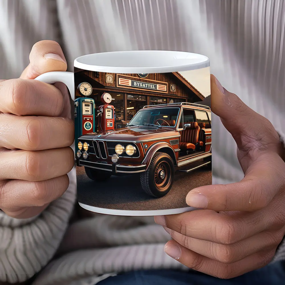 Vintage BMW SUV Retro Gas Station Scene – Mugs