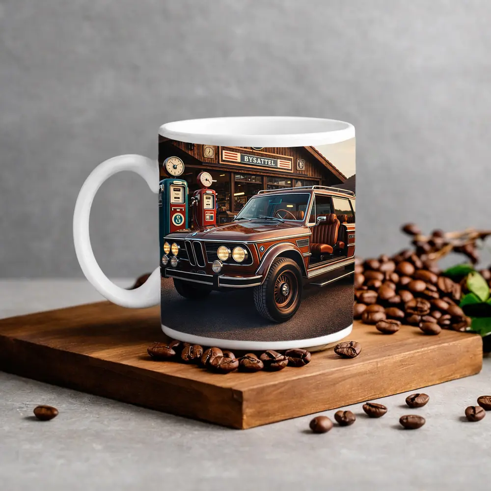Vintage BMW SUV Retro Gas Station Scene – Mugs