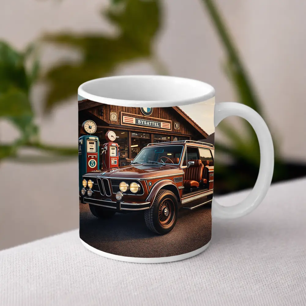 Vintage BMW SUV Retro Gas Station Scene – Mugs