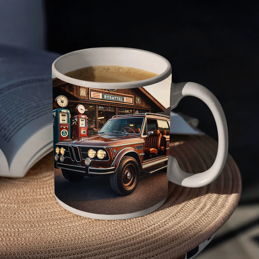 Vintage BMW SUV Retro Gas Station Scene – Mugs