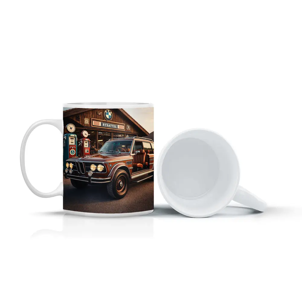 Vintage BMW SUV Retro Gas Station Scene – Mugs