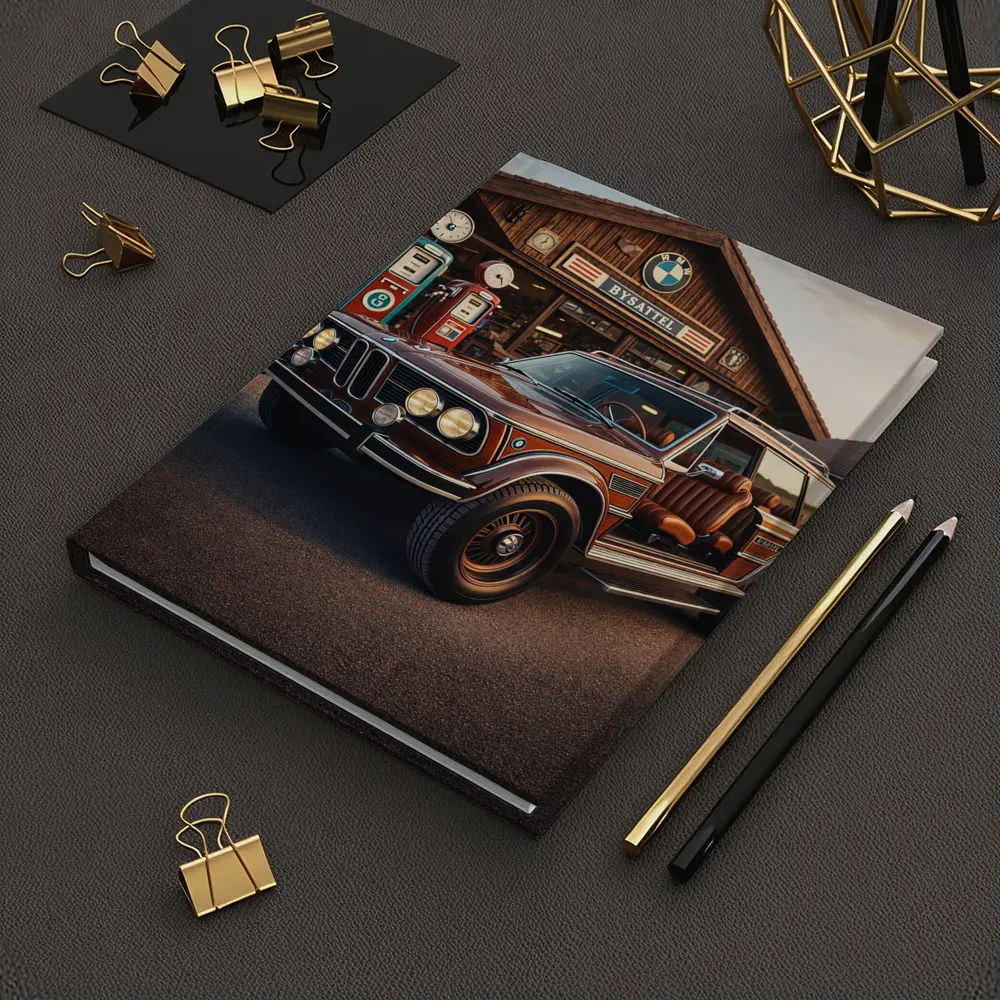 Vintage BMW SUV Retro Gas Station Scene – Notebooks