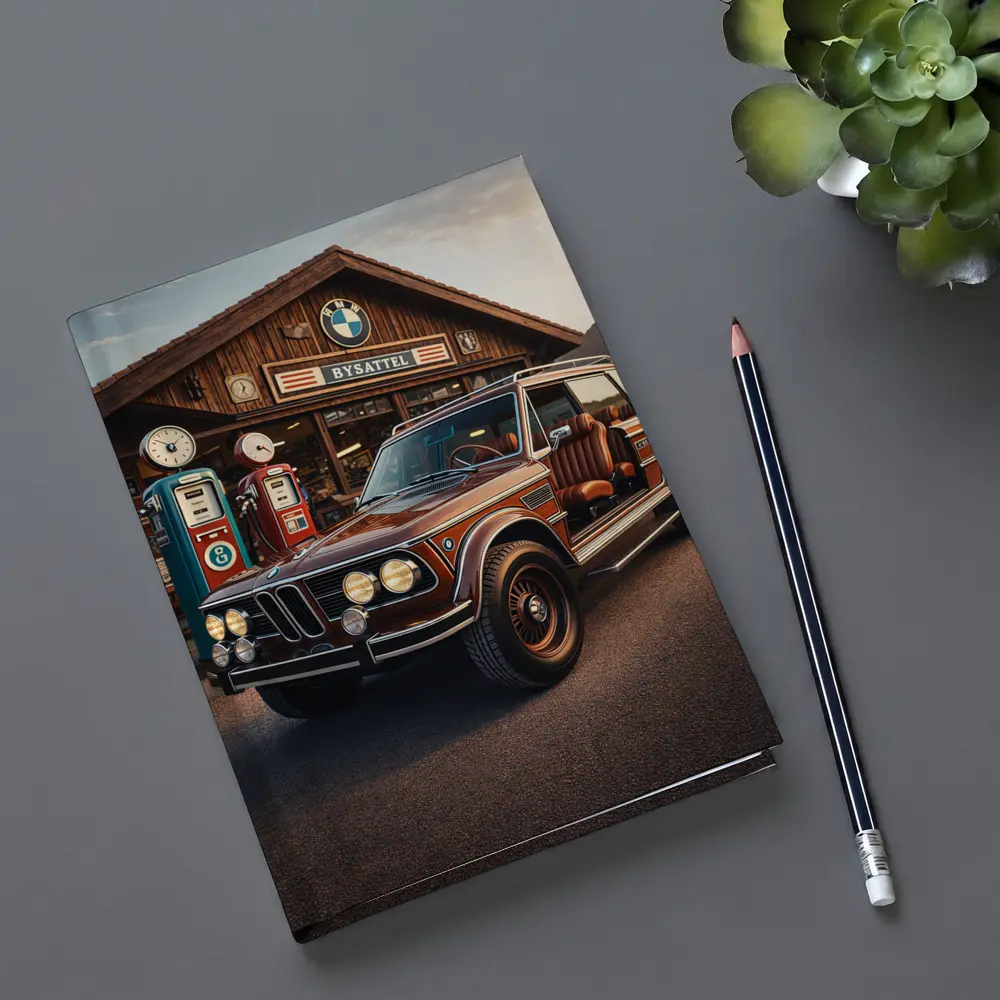 Vintage BMW SUV Retro Gas Station Scene – Notebooks