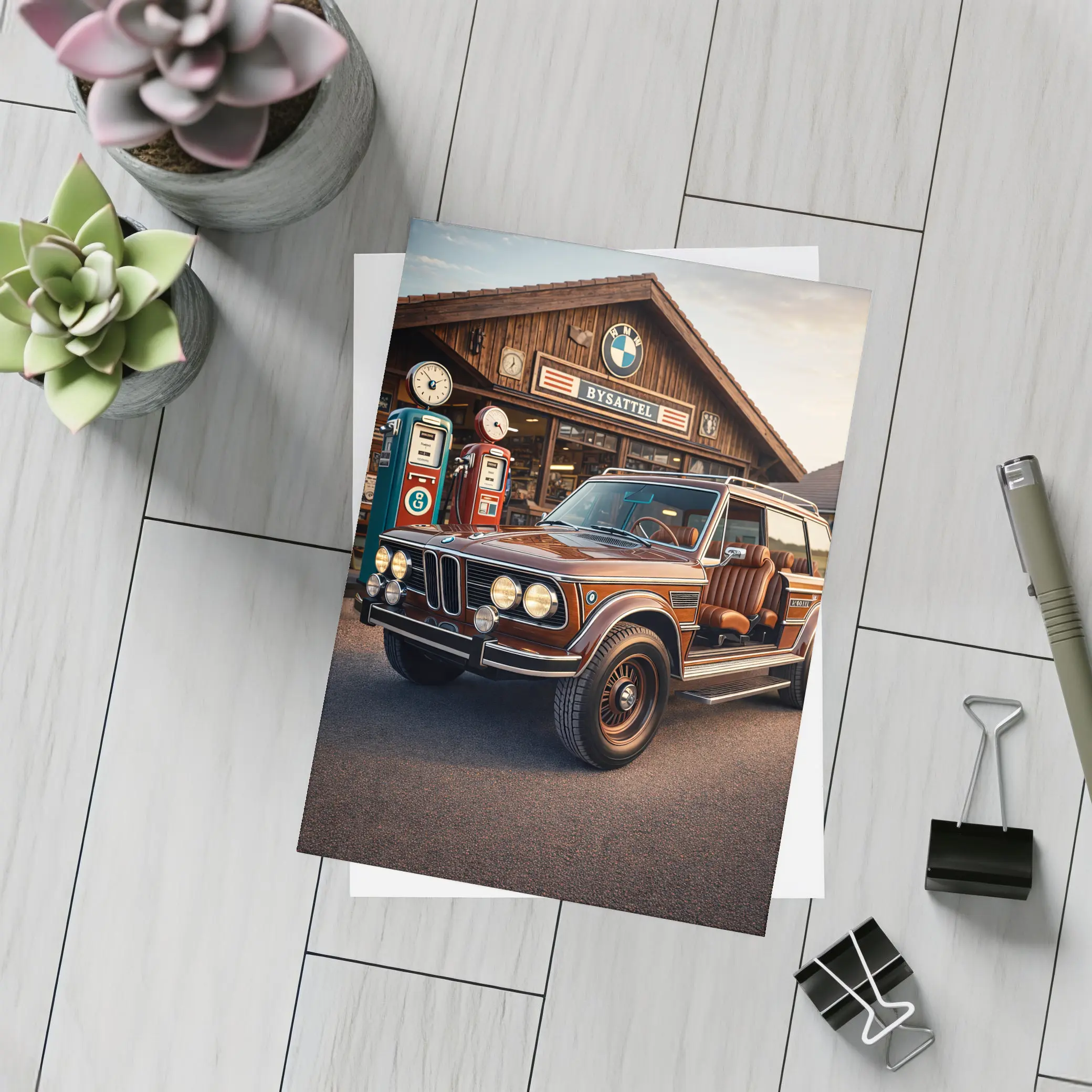 Vintage BMW SUV Retro Gas Station Scene – Postcards