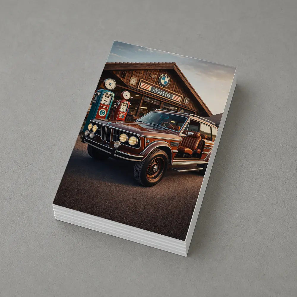 Vintage BMW SUV Retro Gas Station Scene – Postcards