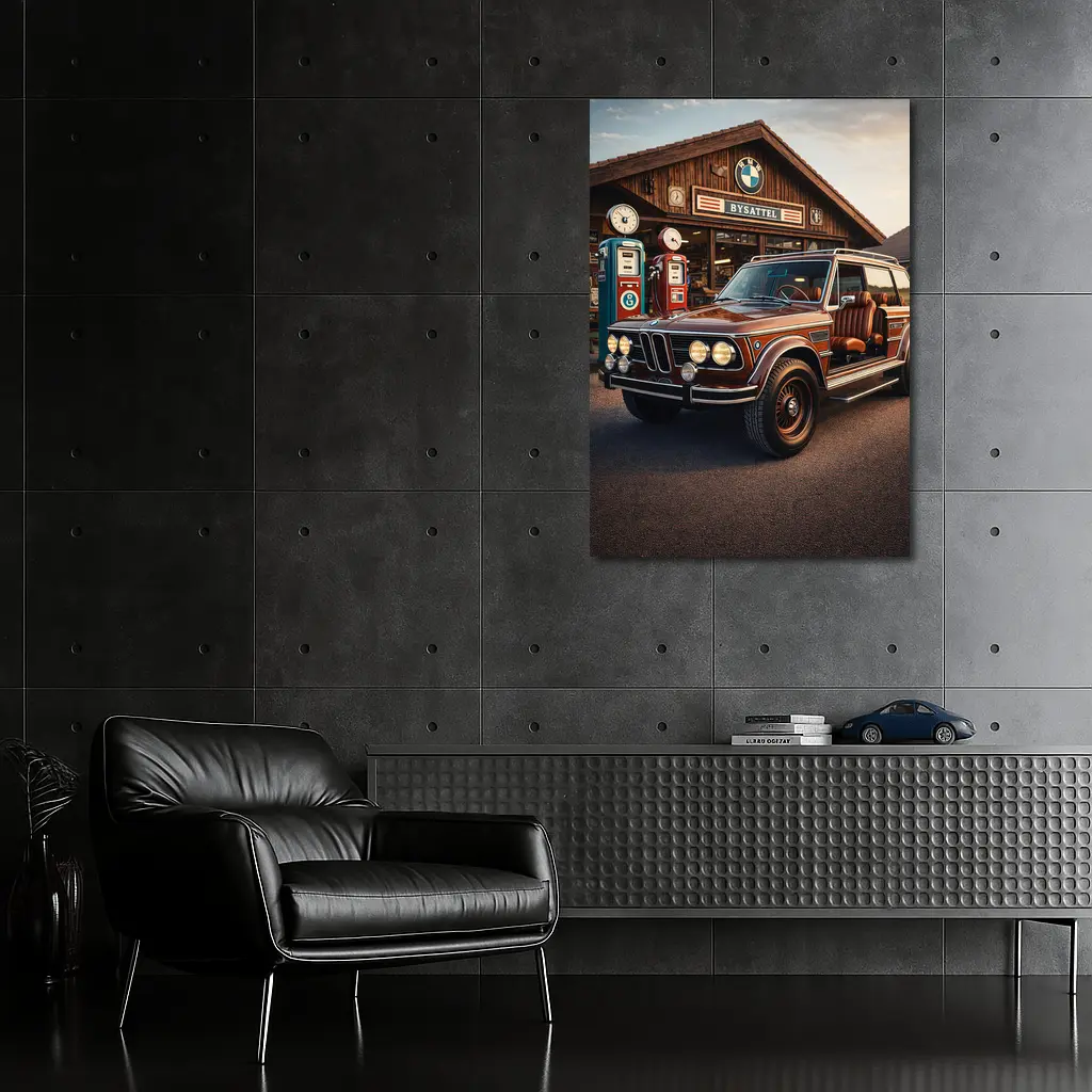 Vintage BMW SUV Retro Gas Station Scene – Wall Art