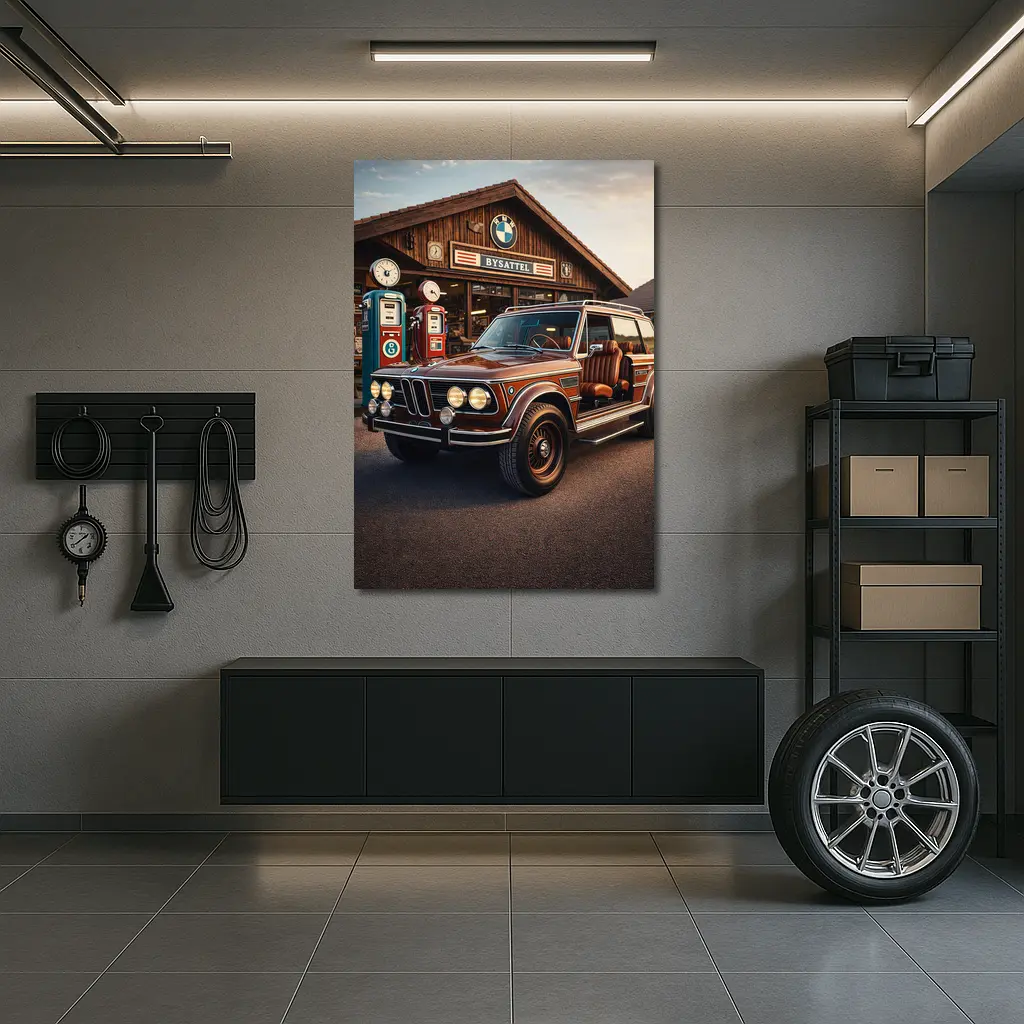 Vintage BMW SUV Retro Gas Station Scene – Wall Art
