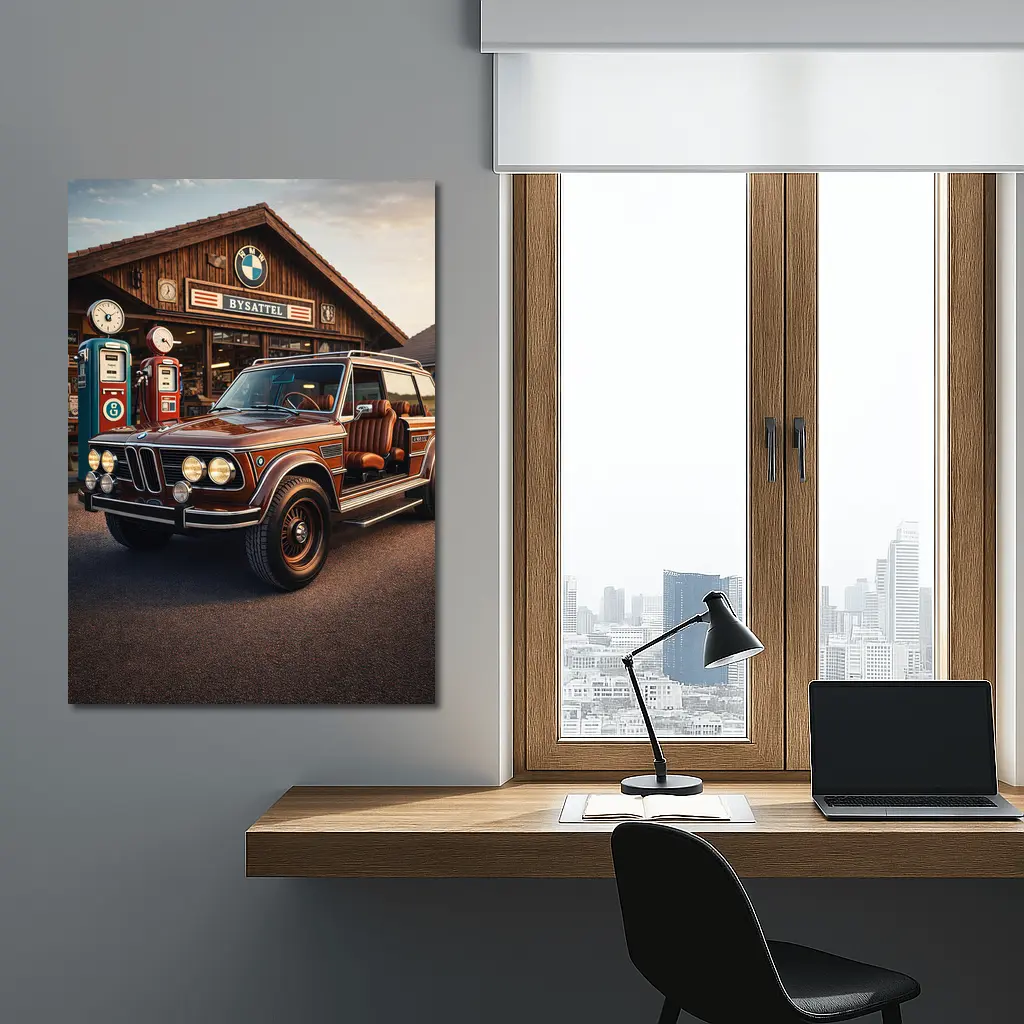 Vintage BMW SUV Retro Gas Station Scene – Wall Art
