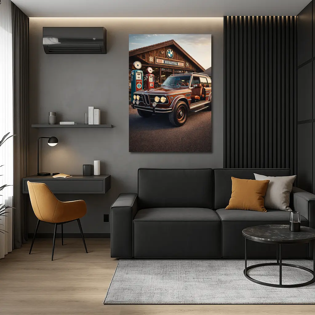 Vintage BMW SUV Retro Gas Station Scene – Wall Art
