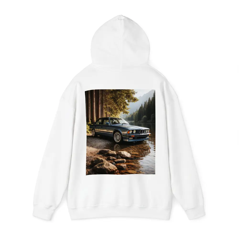 Vintage BMW Sedan Parked By Mountain Lake – Hoodies