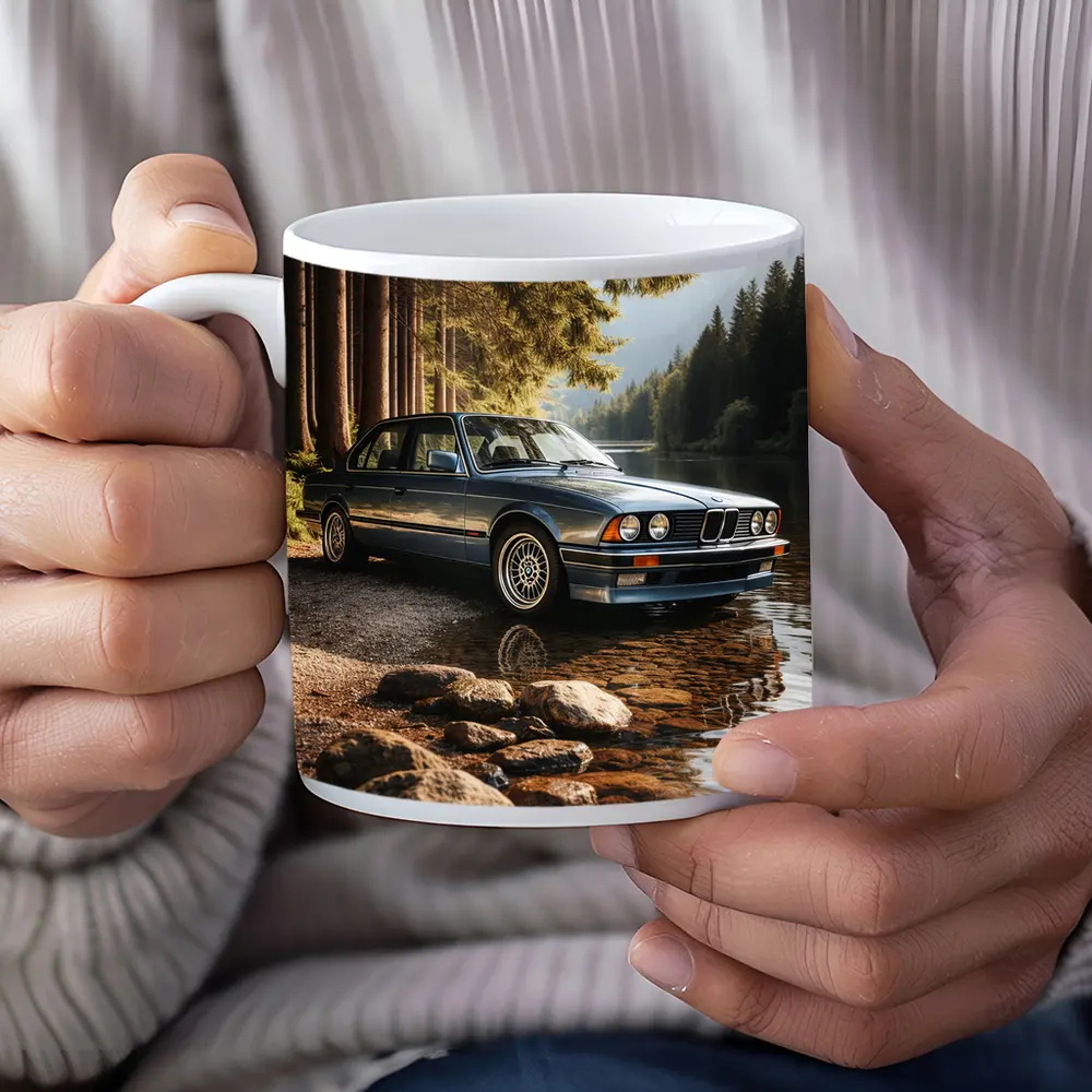 Vintage BMW Sedan Parked By Mountain Lake – Mugs