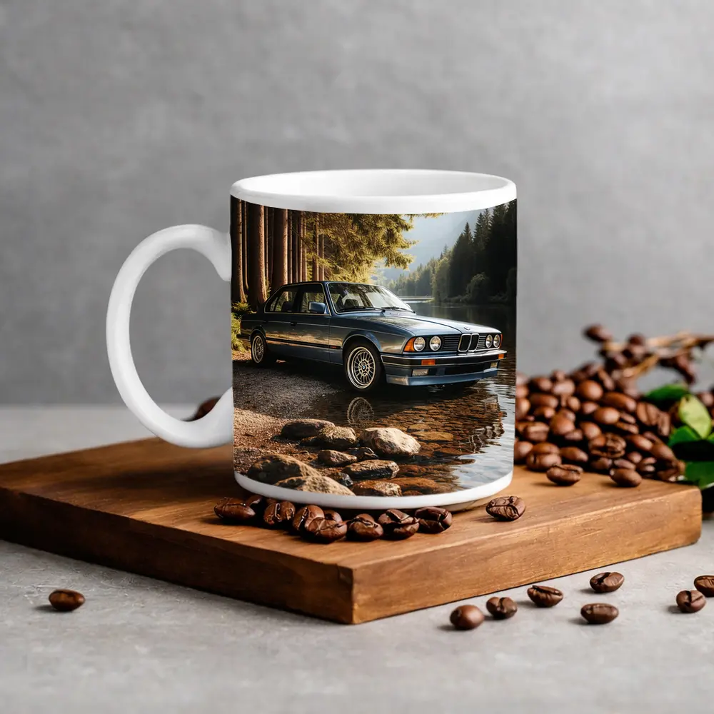 Vintage BMW Sedan Parked By Mountain Lake – Mugs