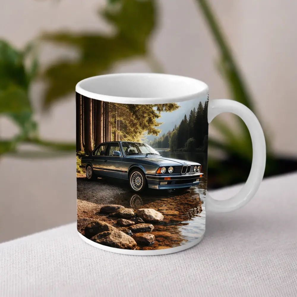Vintage BMW Sedan Parked By Mountain Lake – Mugs