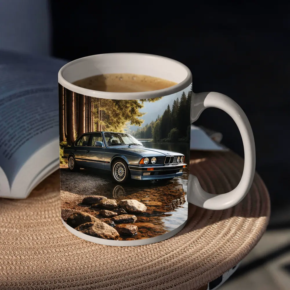 Vintage BMW Sedan Parked By Mountain Lake – Mugs