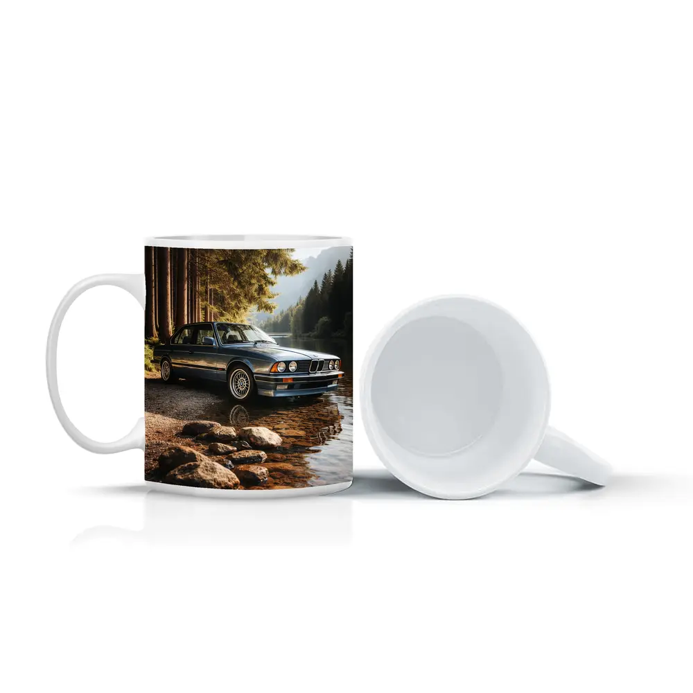 Vintage BMW Sedan Parked By Mountain Lake – Mugs