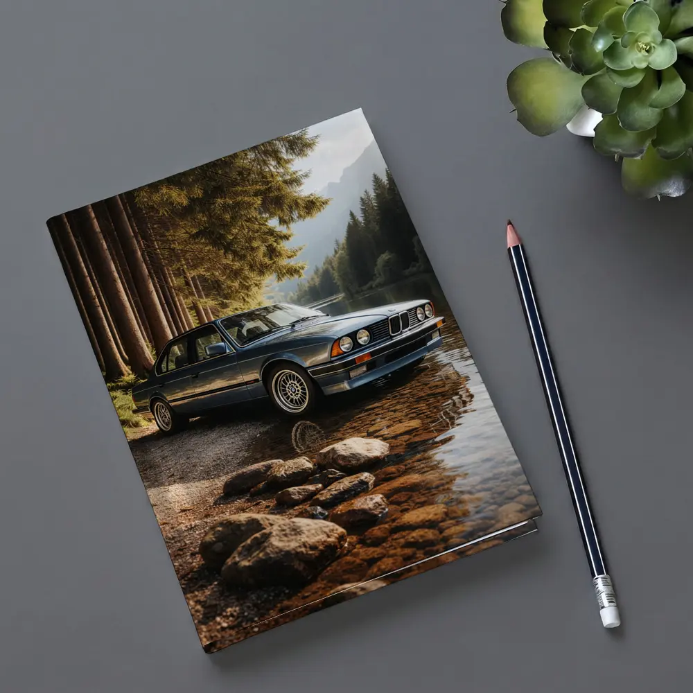 Vintage BMW Sedan Parked By Mountain Lake – Notebooks