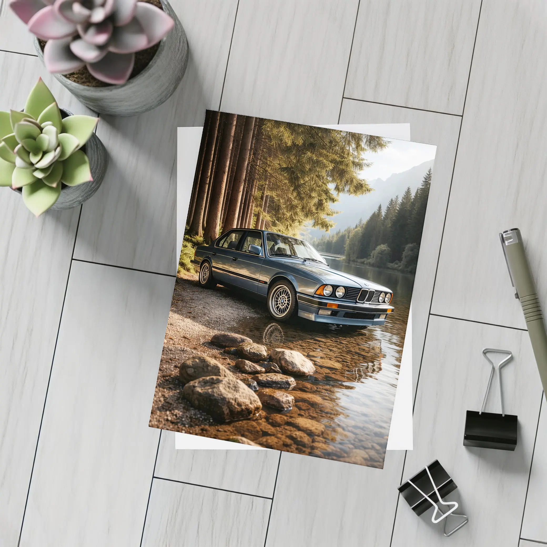 Vintage BMW Sedan Parked By Mountain Lake – Postcards