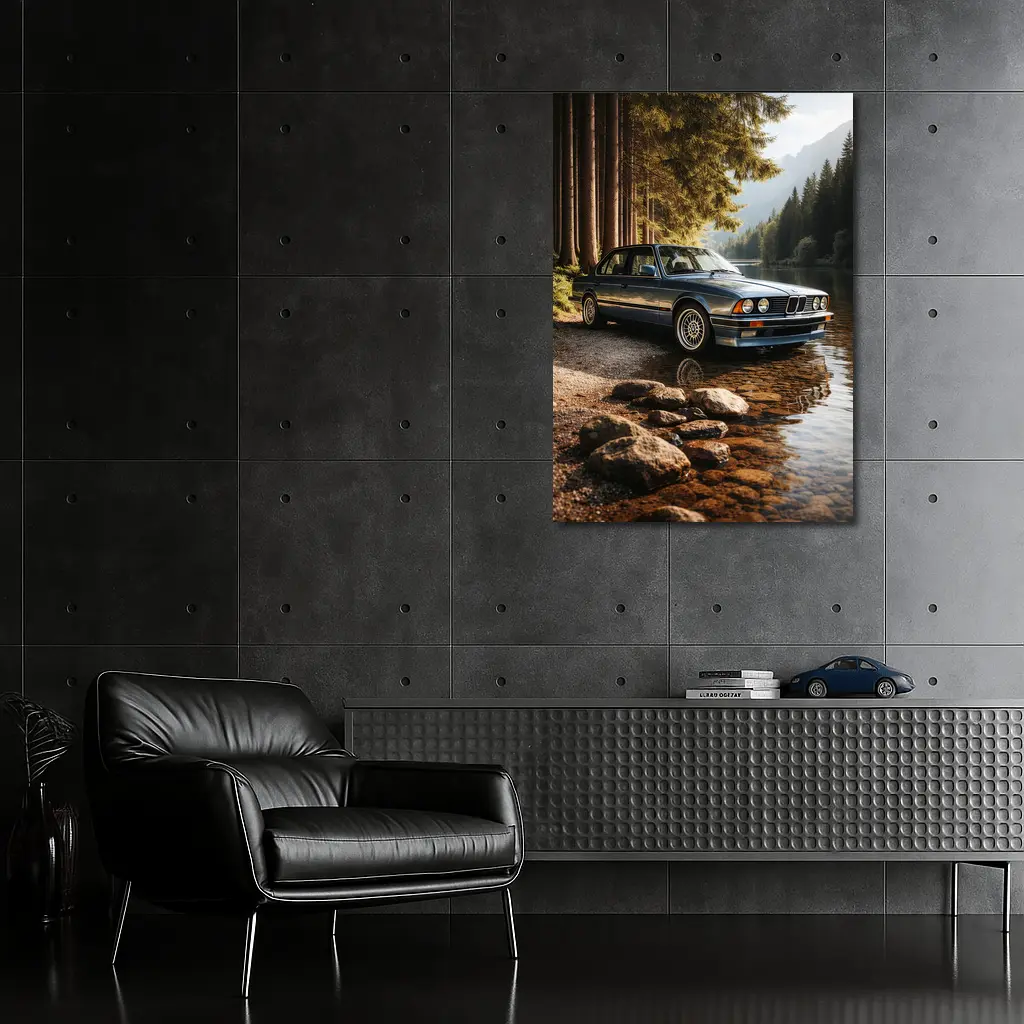Vintage BMW Sedan Parked By Mountain Lake – Wall Art