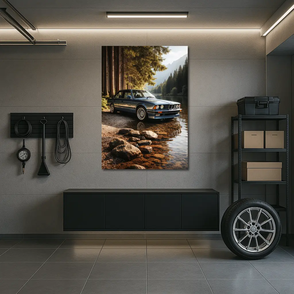 Vintage BMW Sedan Parked By Mountain Lake – Wall Art