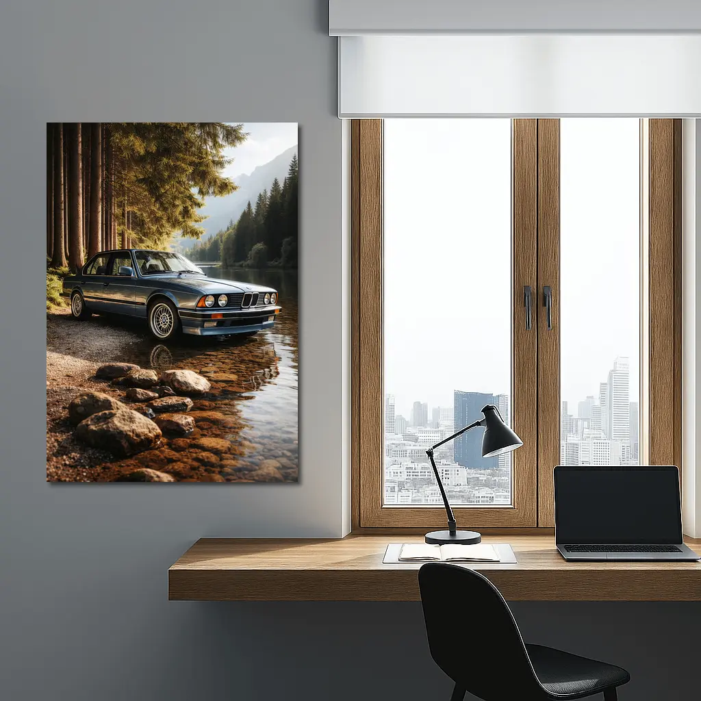 Vintage BMW Sedan Parked By Mountain Lake – Wall Art