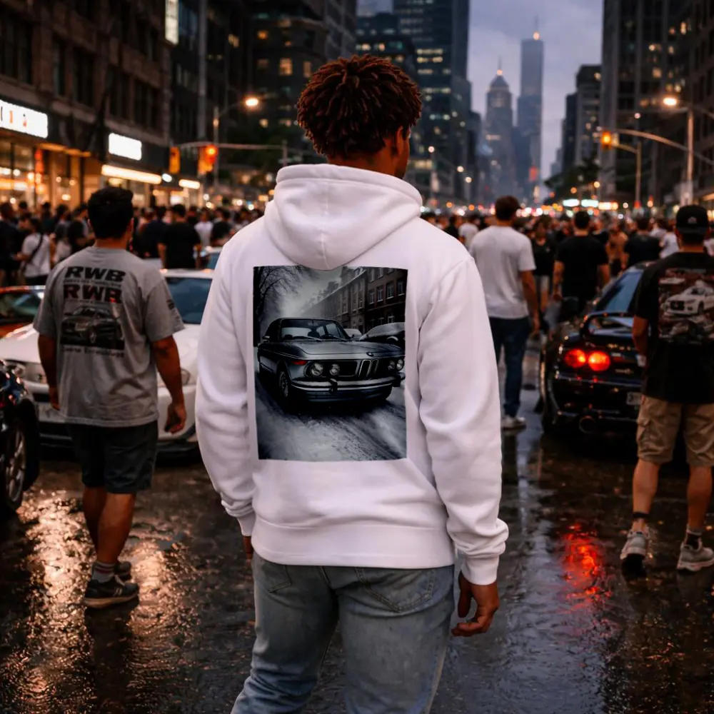 Vintage BMW Classic Sedan Snowy City Street – Hoodies