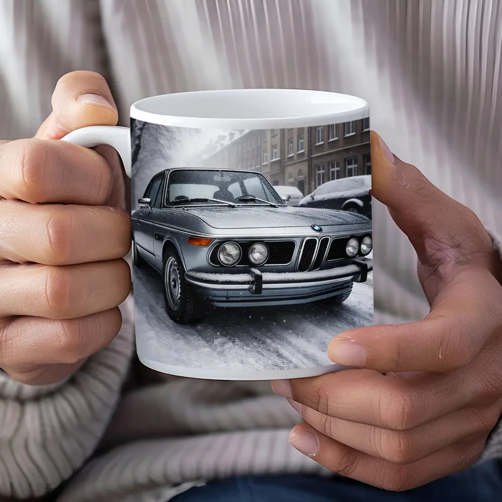 Vintage BMW Classic Sedan Snowy City Street – Mugs