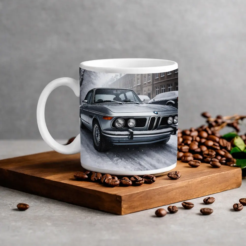Vintage BMW Classic Sedan Snowy City Street – Mugs