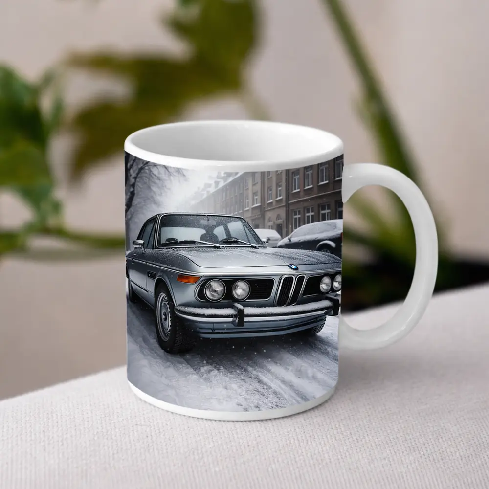 Vintage BMW Classic Sedan Snowy City Street – Mugs