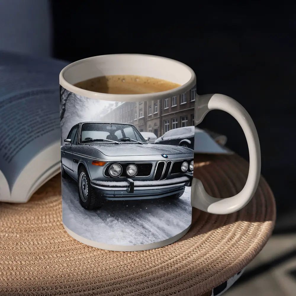 Vintage BMW Classic Sedan Snowy City Street – Mugs