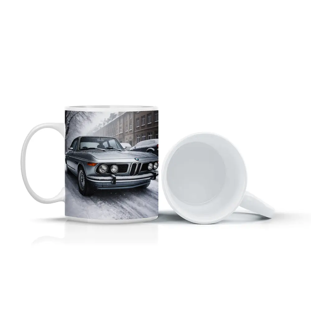 Vintage BMW Classic Sedan Snowy City Street – Mugs