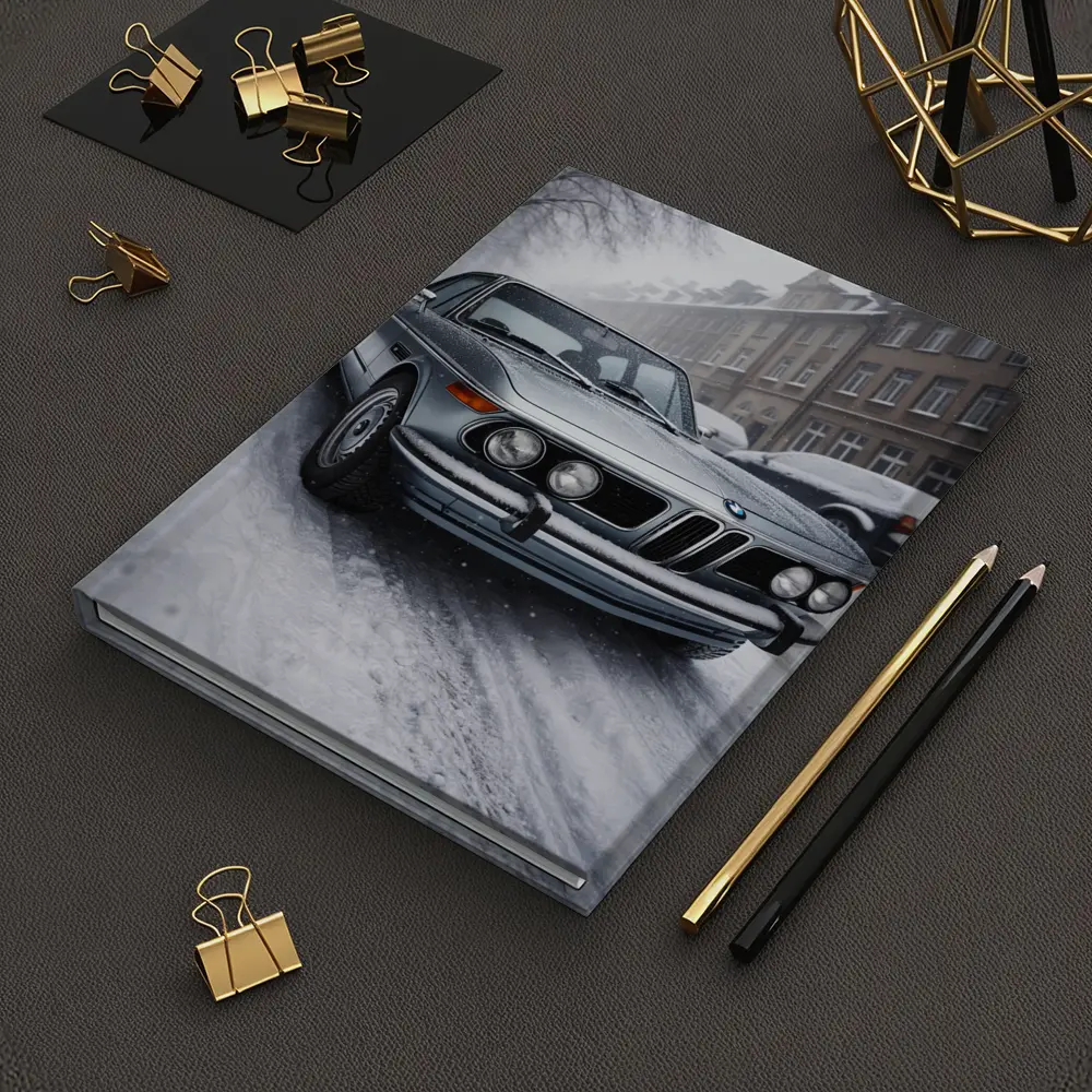 Vintage BMW Classic Sedan Snowy City Street – Notebooks