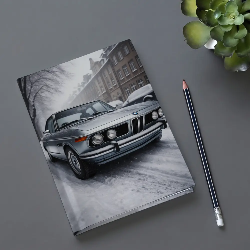 Vintage BMW Classic Sedan Snowy City Street – Notebooks