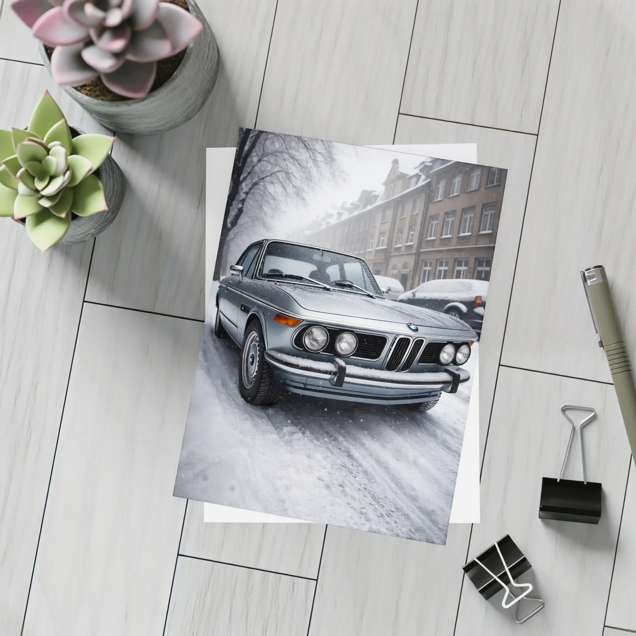 Vintage BMW Classic Sedan Snowy City Street – Postcards