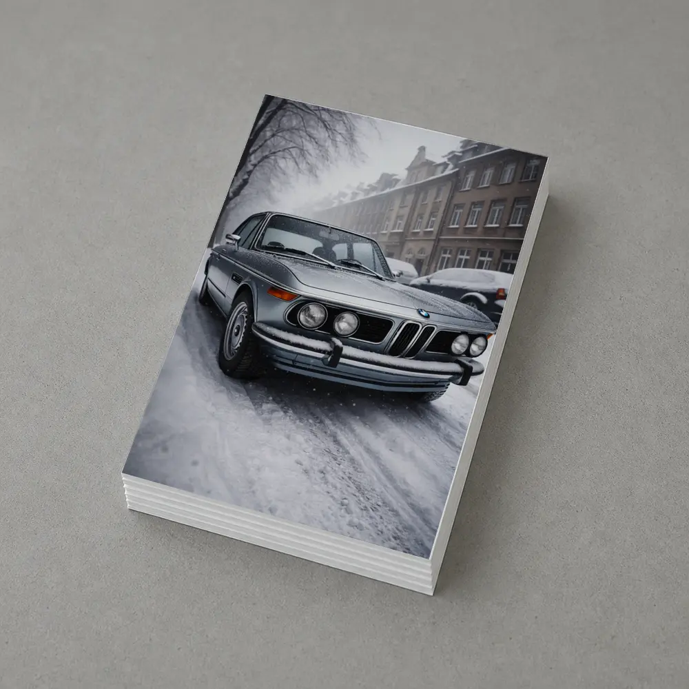 Vintage BMW Classic Sedan Snowy City Street – Postcards