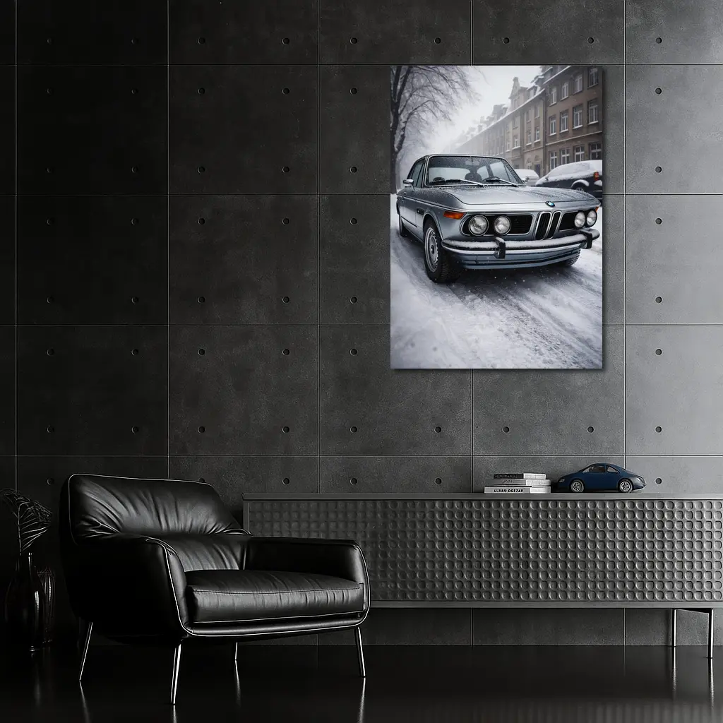 Vintage BMW Classic Sedan Snowy City Street – Wall Art