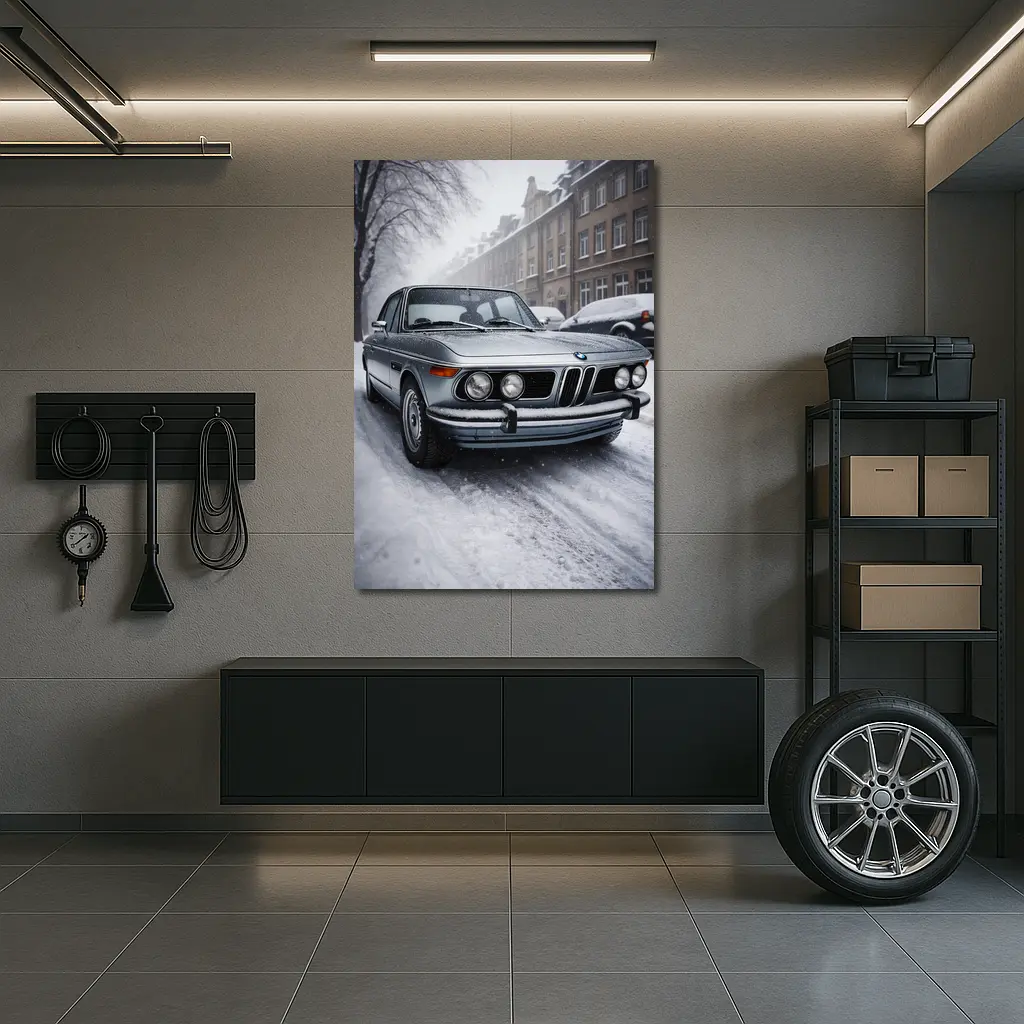 Vintage BMW Classic Sedan Snowy City Street – Wall Art
