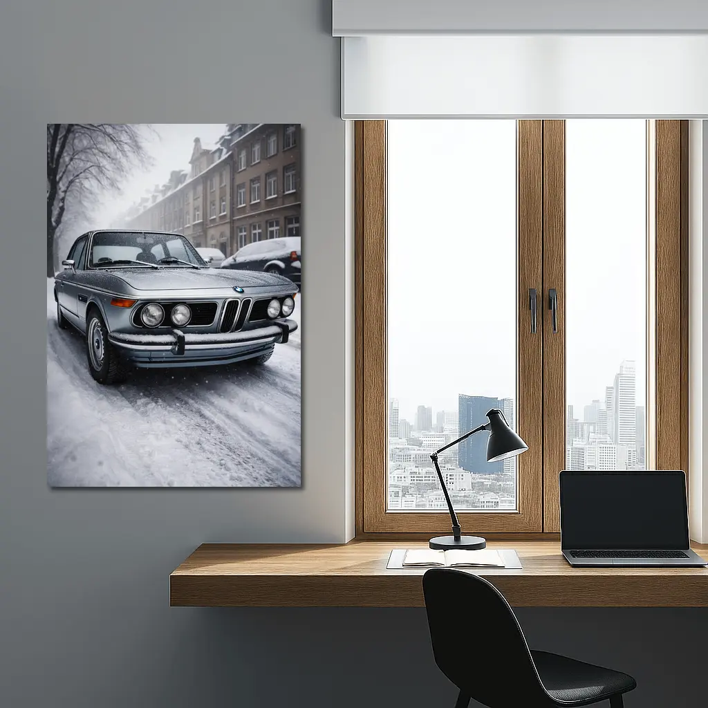 Vintage BMW Classic Sedan Snowy City Street – Wall Art