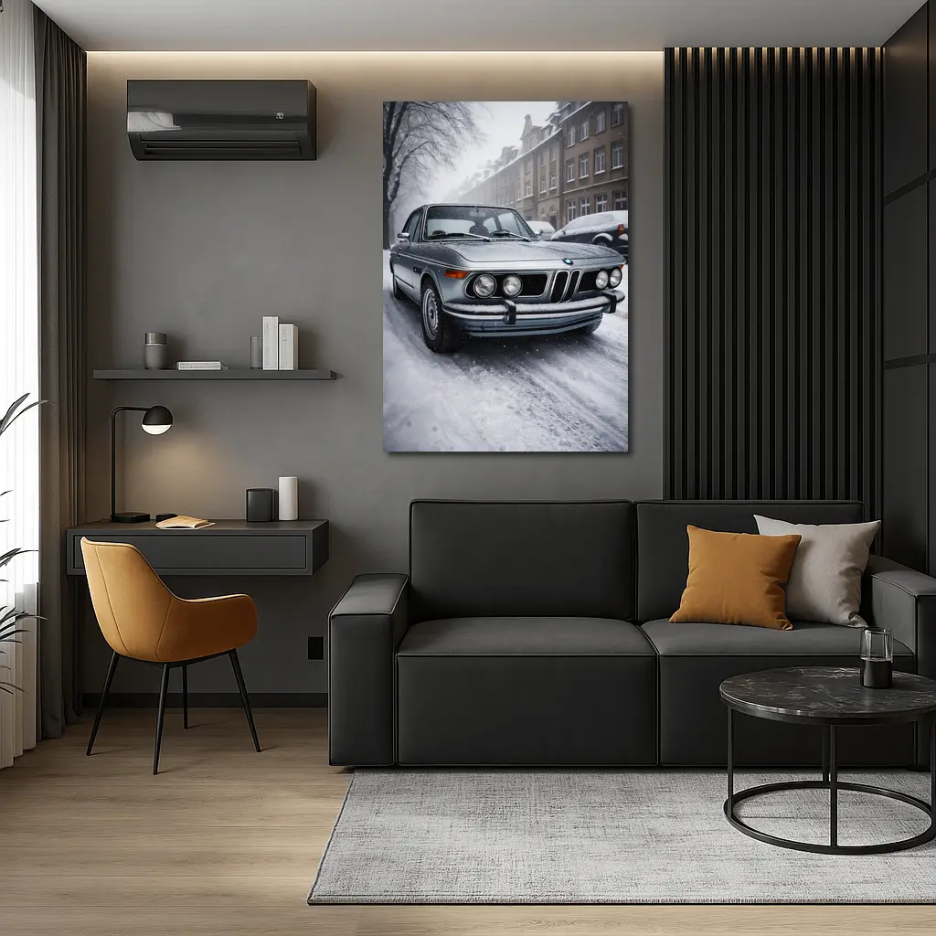 Vintage BMW Classic Sedan Snowy City Street – Wall Art