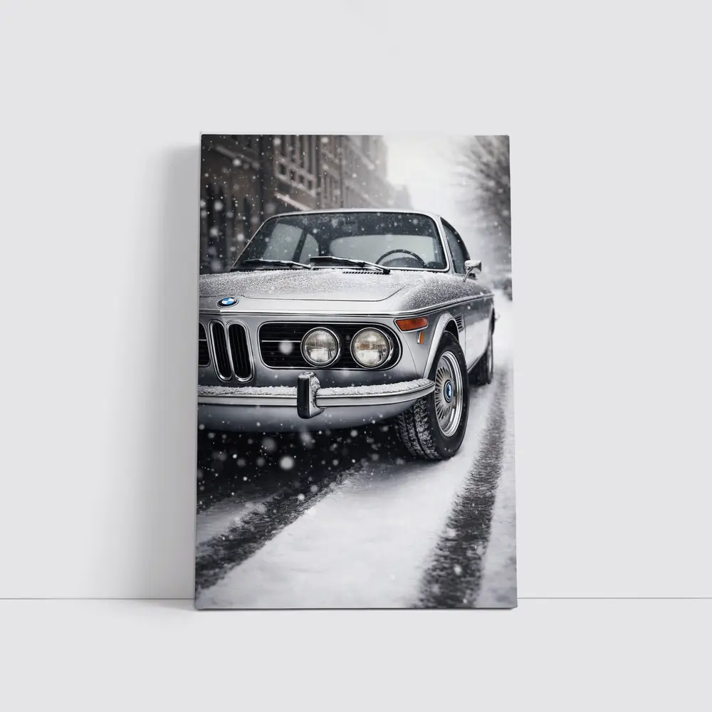 Vintage BMW Classic Coupe in Snowfall – Wall Art