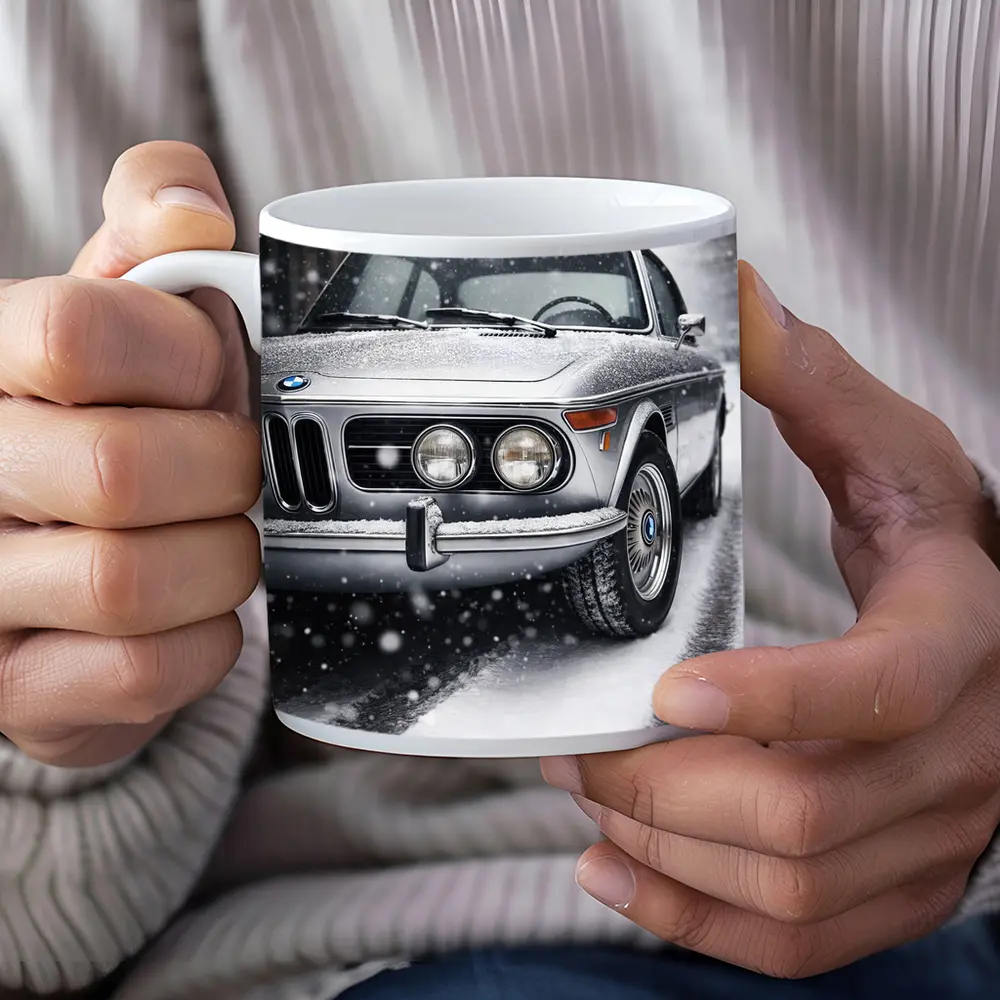 Vintage BMW Classic Coupe in Snowfall – Mugs