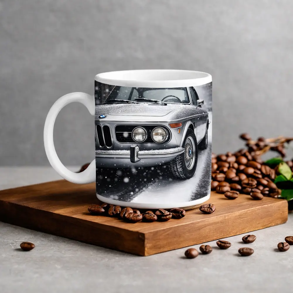 Vintage BMW Classic Coupe in Snowfall – Mugs