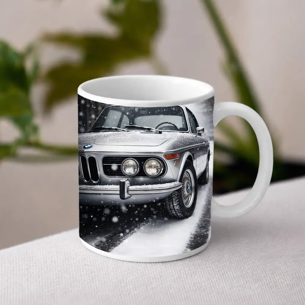 Vintage BMW Classic Coupe in Snowfall – Mugs