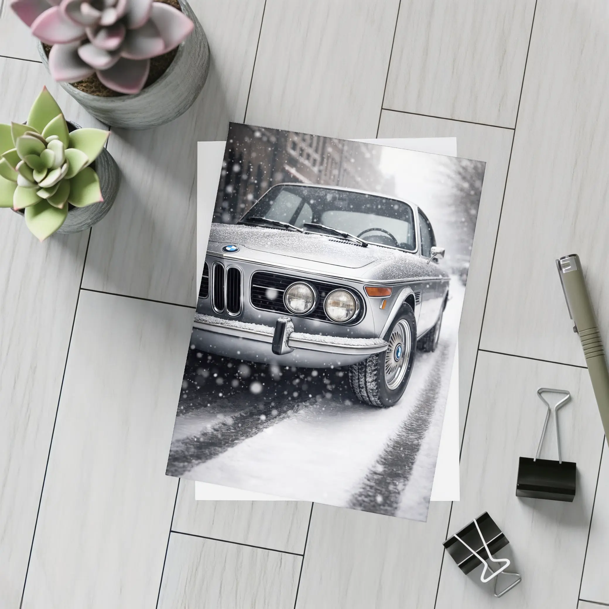 Vintage BMW Classic Coupe in Snowfall – Postcards