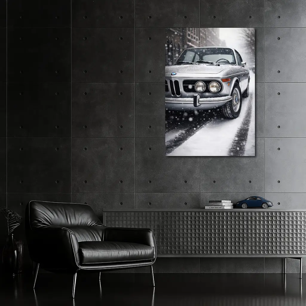 Vintage BMW Classic Coupe in Snowfall – Wall Art
