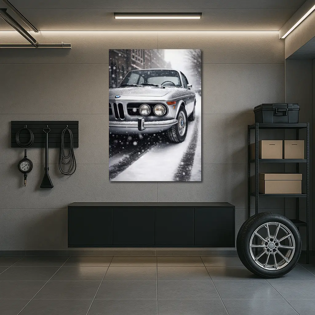 Vintage BMW Classic Coupe in Snowfall – Wall Art