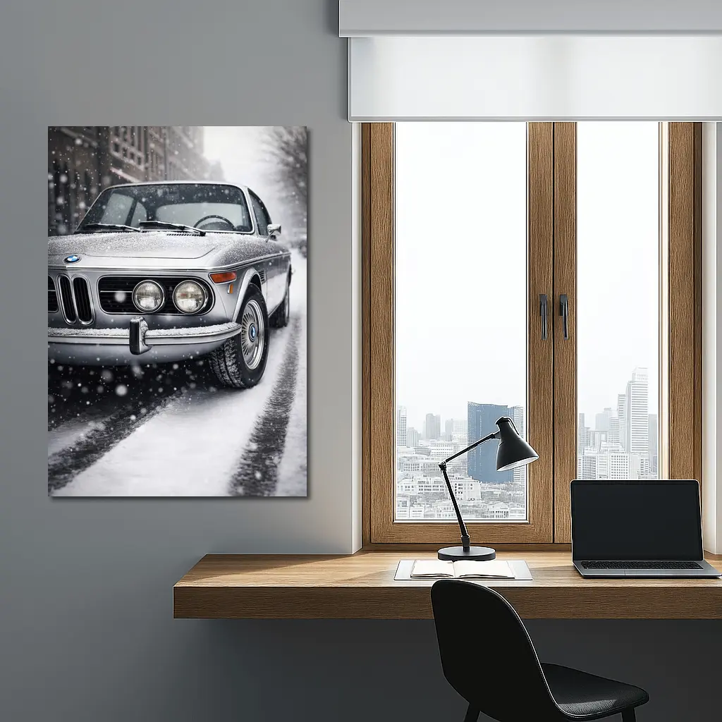 Vintage BMW Classic Coupe in Snowfall – Wall Art
