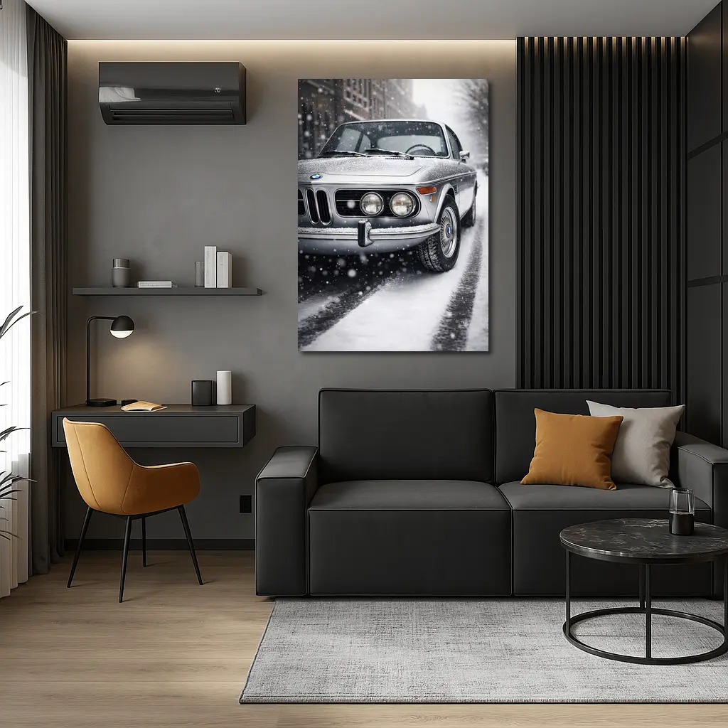 Vintage BMW Classic Coupe in Snowfall – Wall Art