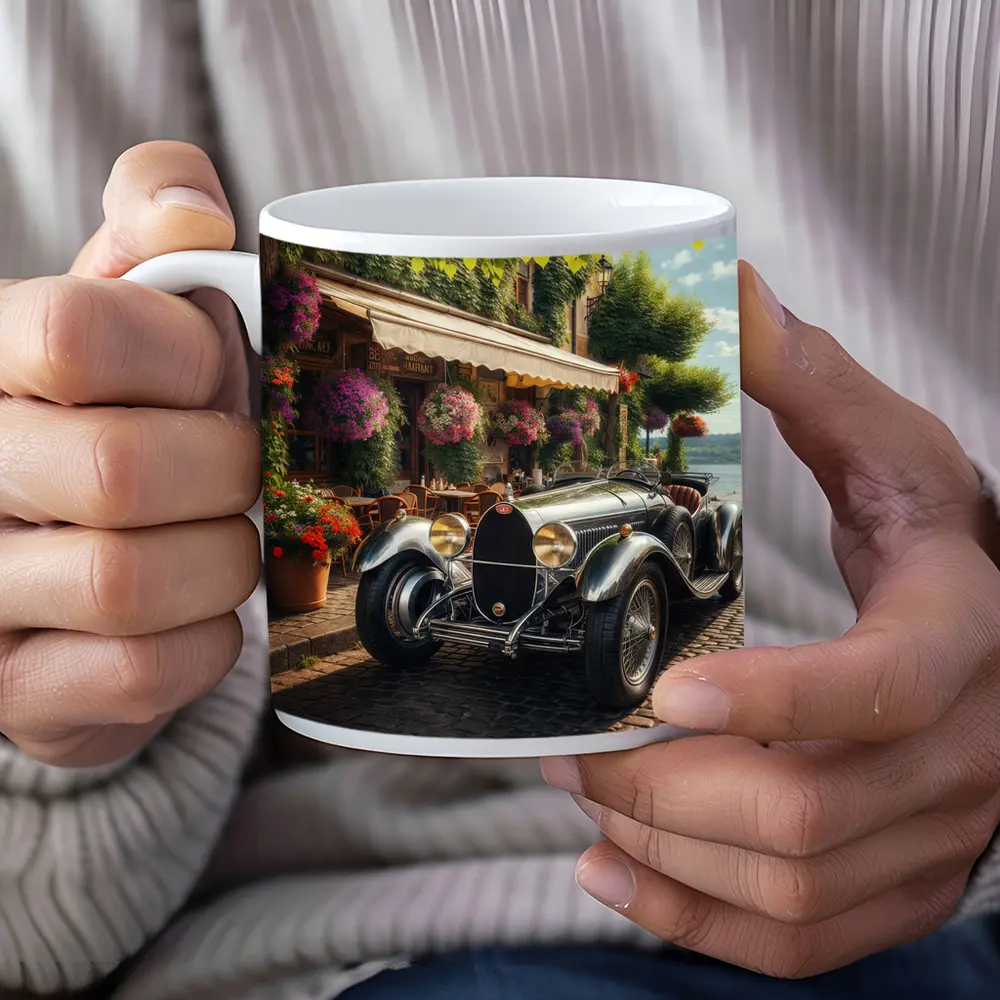 Vintage Bugatti Classic Car Cobblestone Street – Mugs