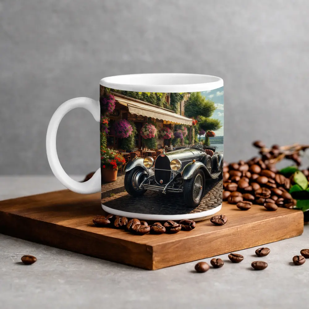 Vintage Bugatti Classic Car Cobblestone Street – Mugs